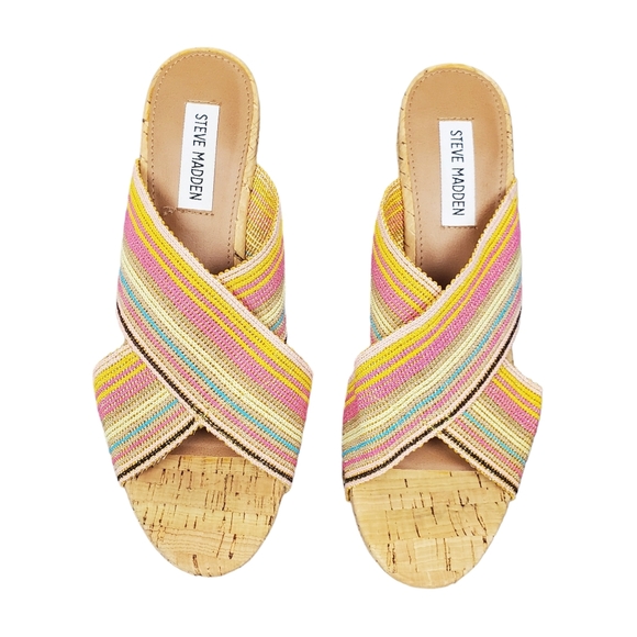 Steve Madden Womens Pride Colorful Stripe Cork Wedge Sandals Size 8.5 - Picture 4 of 11